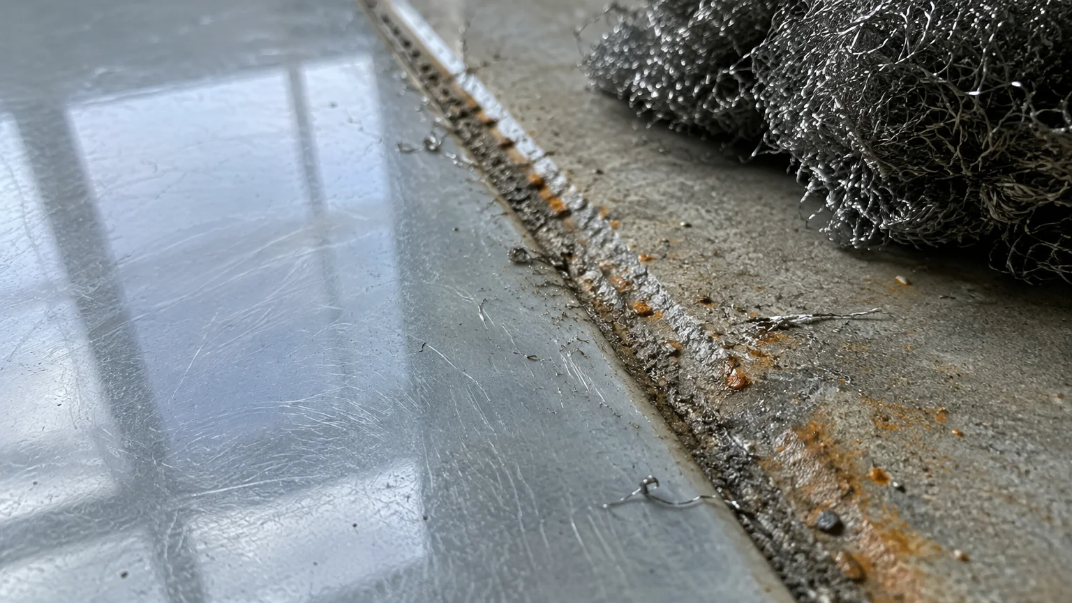 Close-up of a steel wool pad resting near scratched ceramic tile and grout showing rust stains and metal fragments.