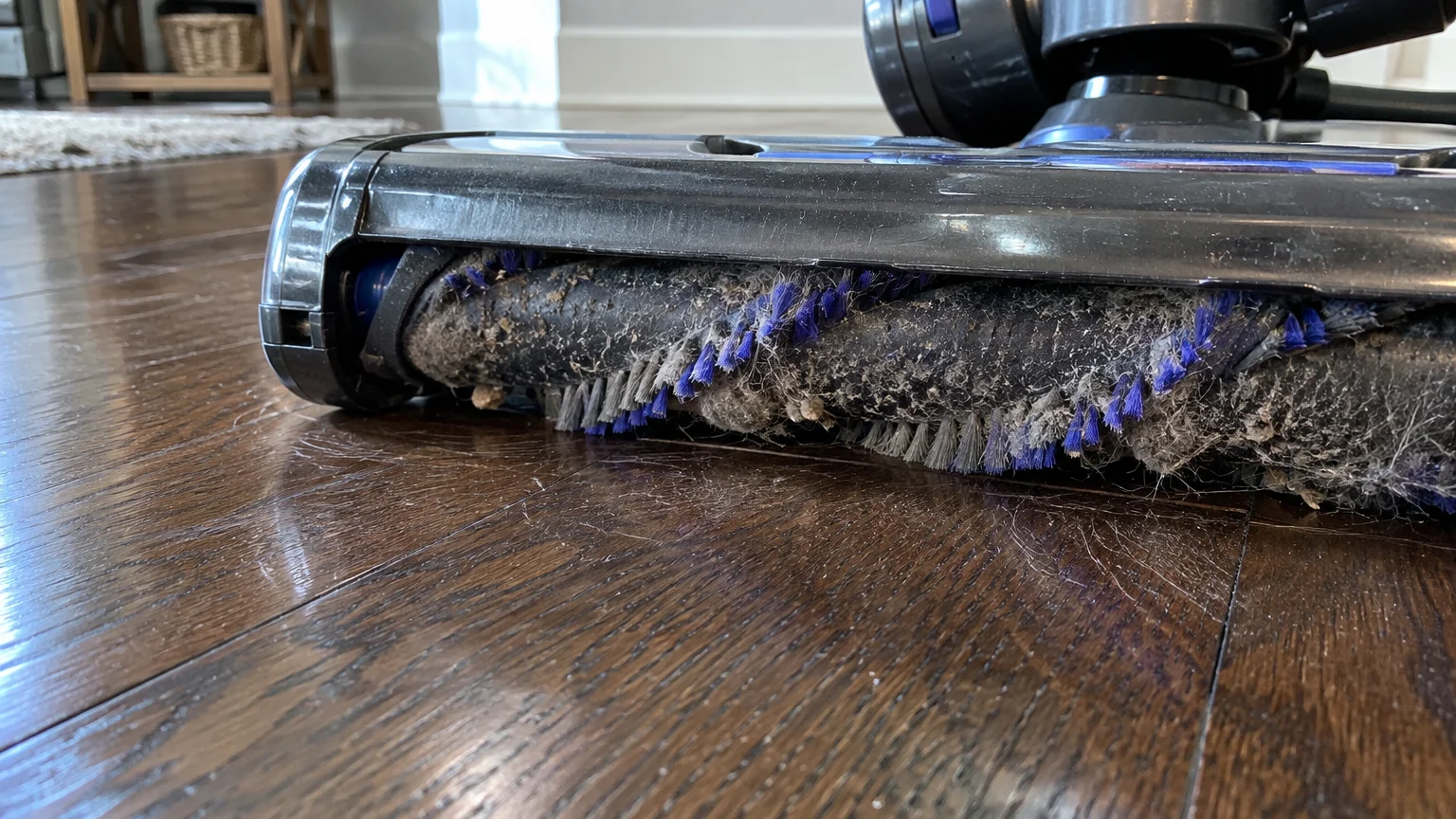 Close-up of a vacuum cleaner head with a dirty roller brush resting on dark polished hardwood flooring.