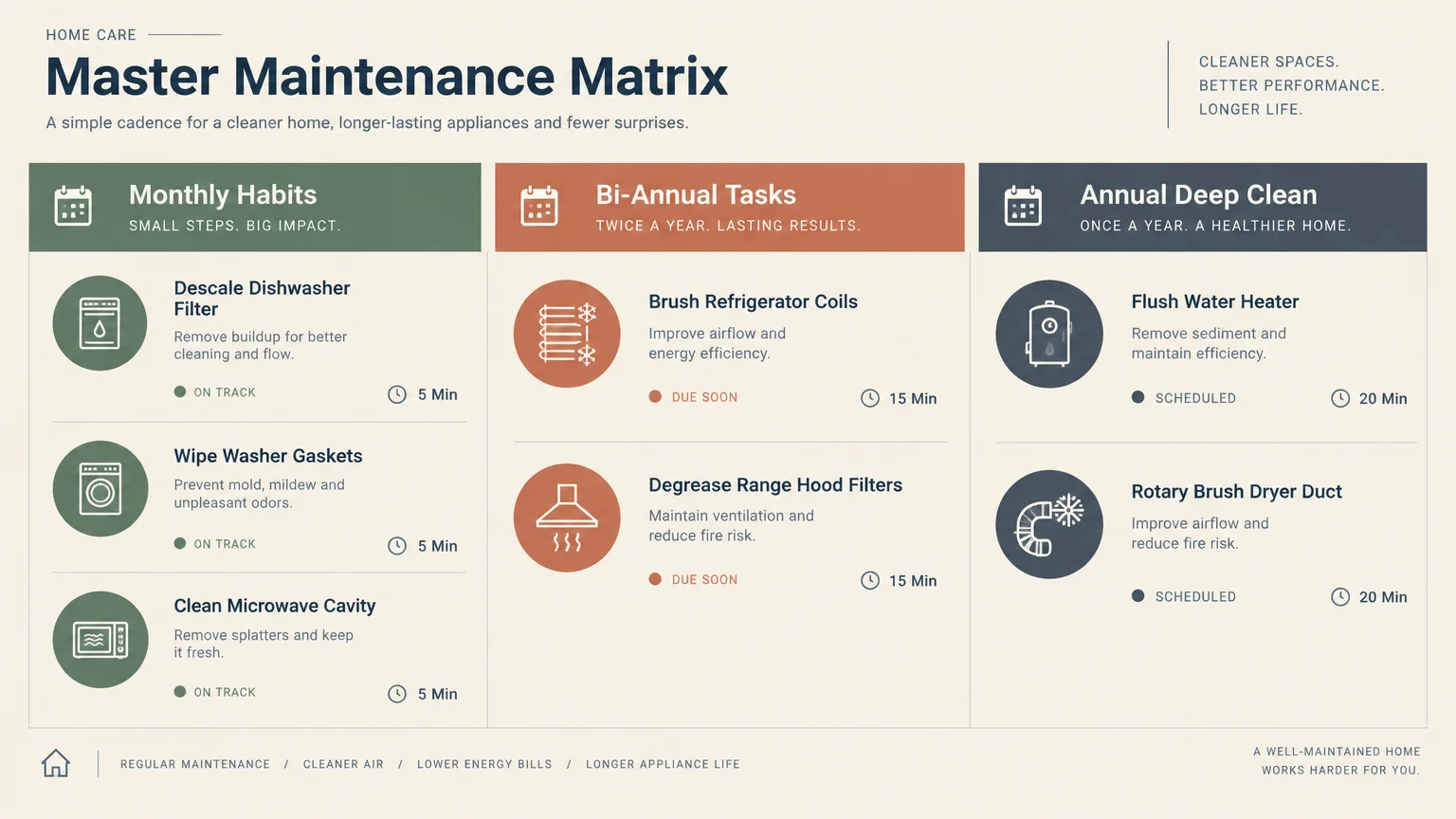 Master Maintenance Matrix infographic dividing chores into Monthly Habits, Bi-Annual Tasks, and Annual Deep Clean columns.