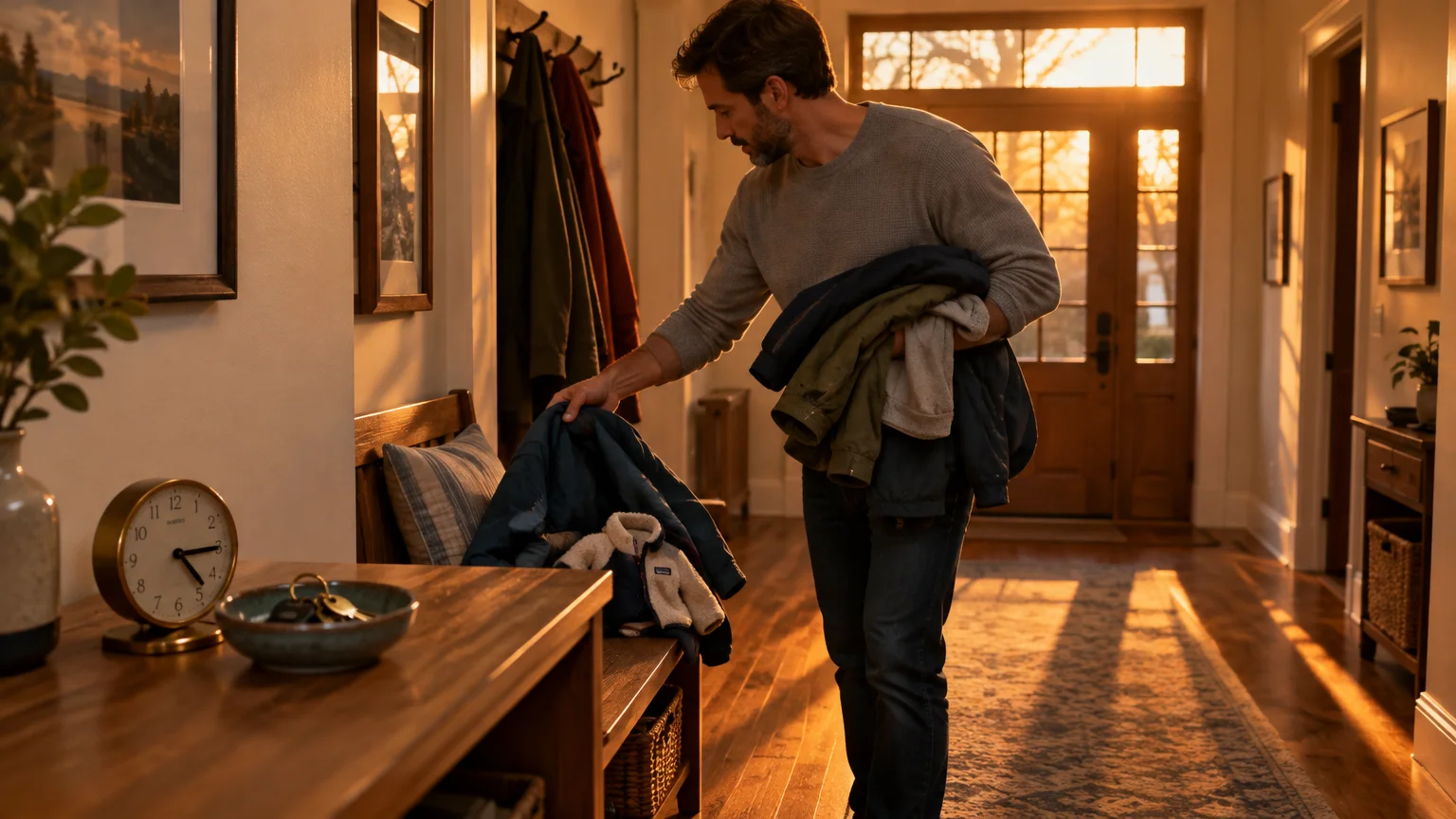 A man carries an armful of jackets while clearing coats off an entryway bench in a sunlit hallway.