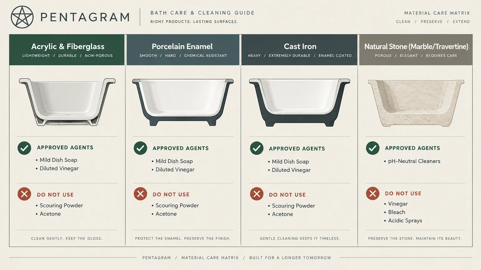 Chart showing approved cleaners and products to avoid across acrylic, porcelain enamel, cast iron, and natural stone bathtubs.