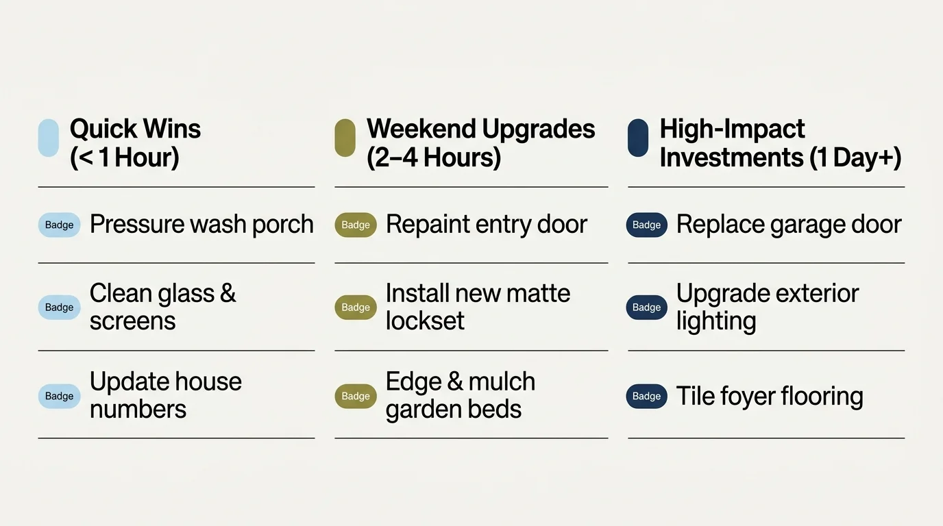 Three-column chart categorizing home upgrades into Quick Wins, Weekend Upgrades, and High-Impact Investments.