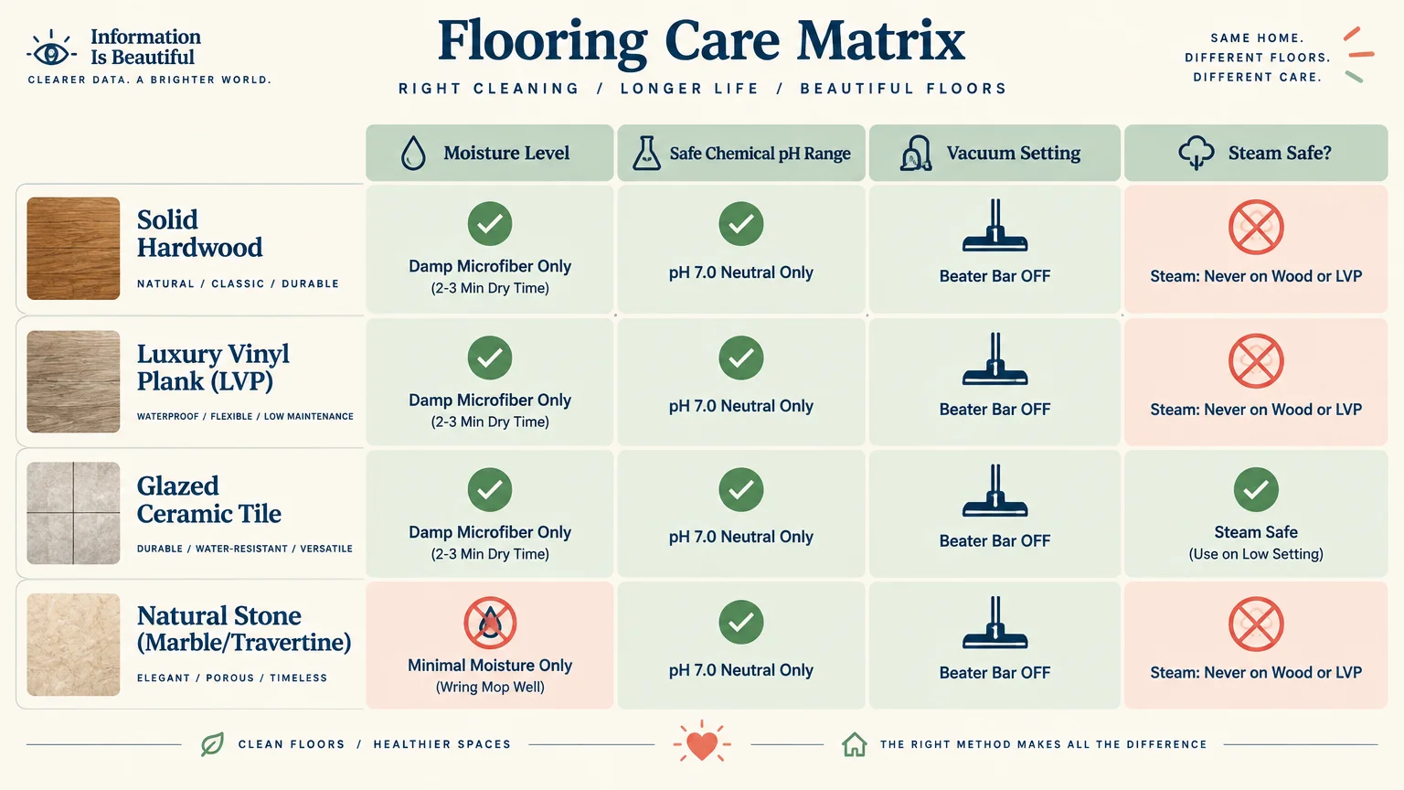 Flooring Care Matrix chart comparing moisture level, pH range, vacuum settings, and steam safety across four floor types.