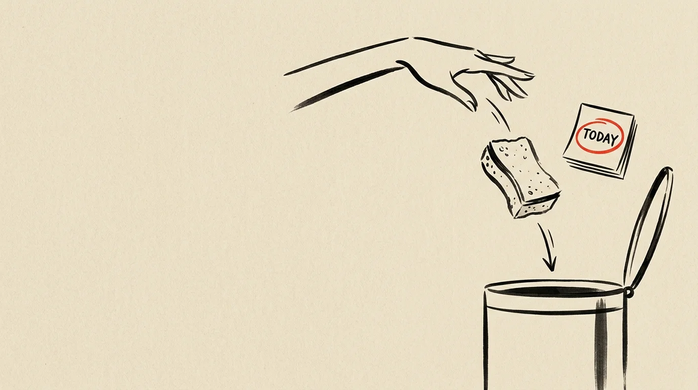 Black ink sketch of a hand throwing a used sponge into an open trash can beside a calendar page marked TODAY.
