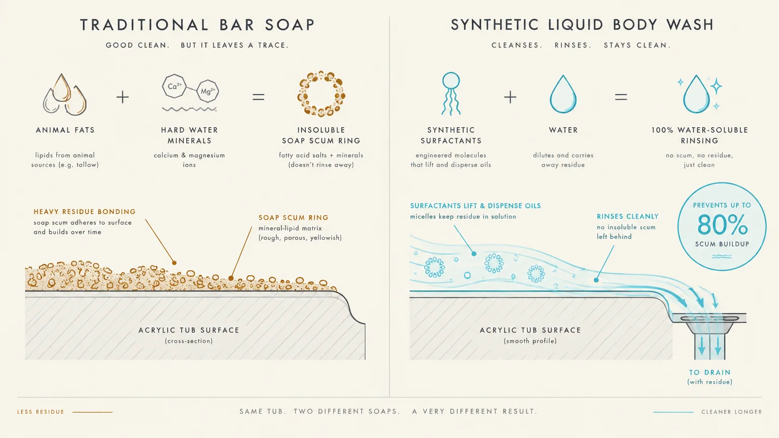 Diagram comparing traditional bar soap residue buildup against synthetic liquid body wash rinsing cleanly down a bathtub drain.
