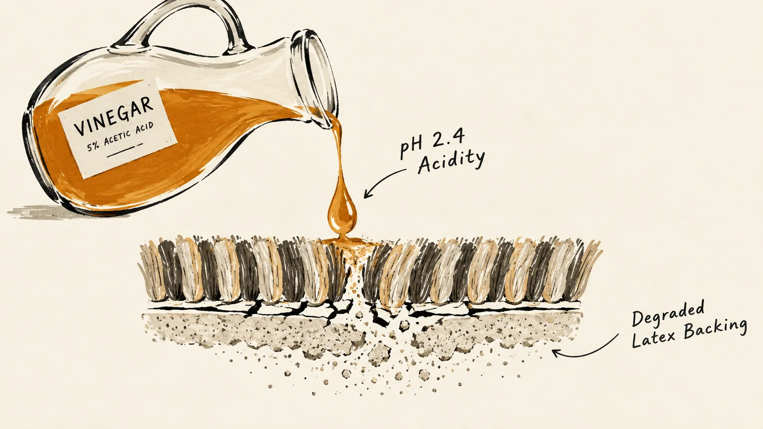 Illustration of vinegar pouring onto carpet fibers, showing acidic liquid seeping through and crumbling degraded latex backing.
