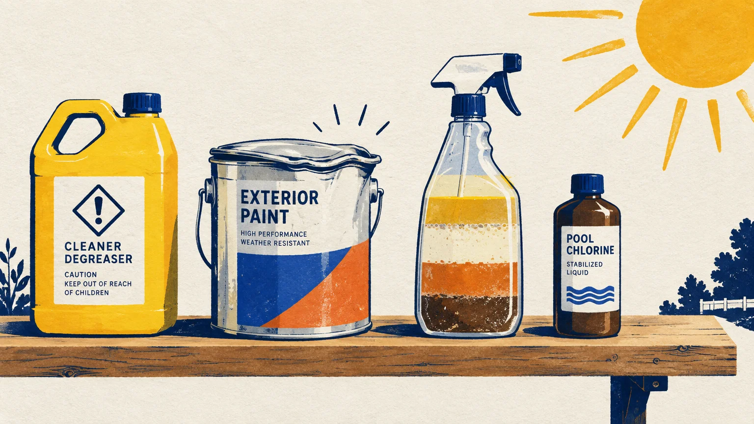Illustration of household cleaner jugs, a warped paint can, and a separating spray bottle under a hot sun.