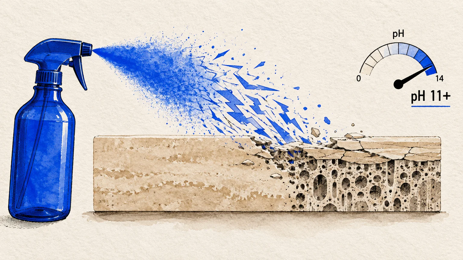 Illustration of a blue spray bottle eroding a porous stone block beside a gauge reading high alkaline pH.