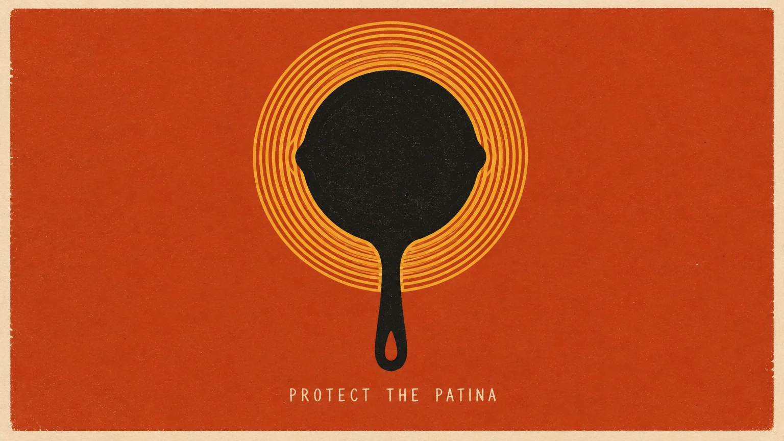 Minimalist poster of a black cast iron skillet surrounded by yellow concentric rings on an orange background.