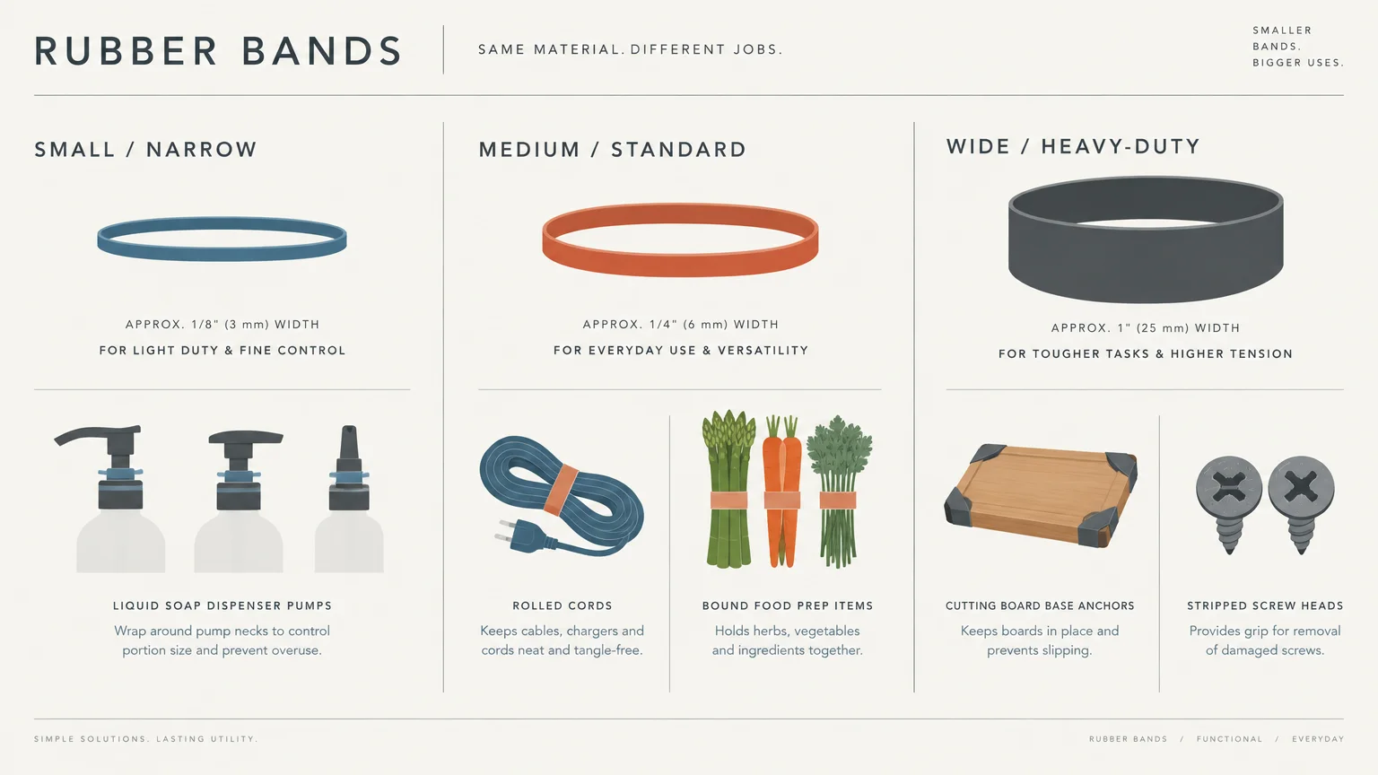 Diagram categorizing small, medium, and wide rubber bands by width alongside household uses like pump dispensers and cords.