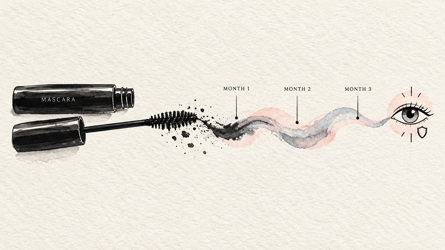 Watercolor illustration showing a mascara wand with a wavy timeline marking months one through three leading to an eye icon.