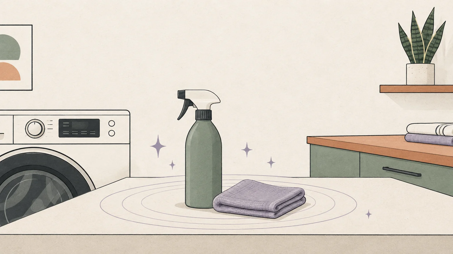 Illustration of a spray bottle and folded cleaning cloth sitting on a counter beside a washing machine.