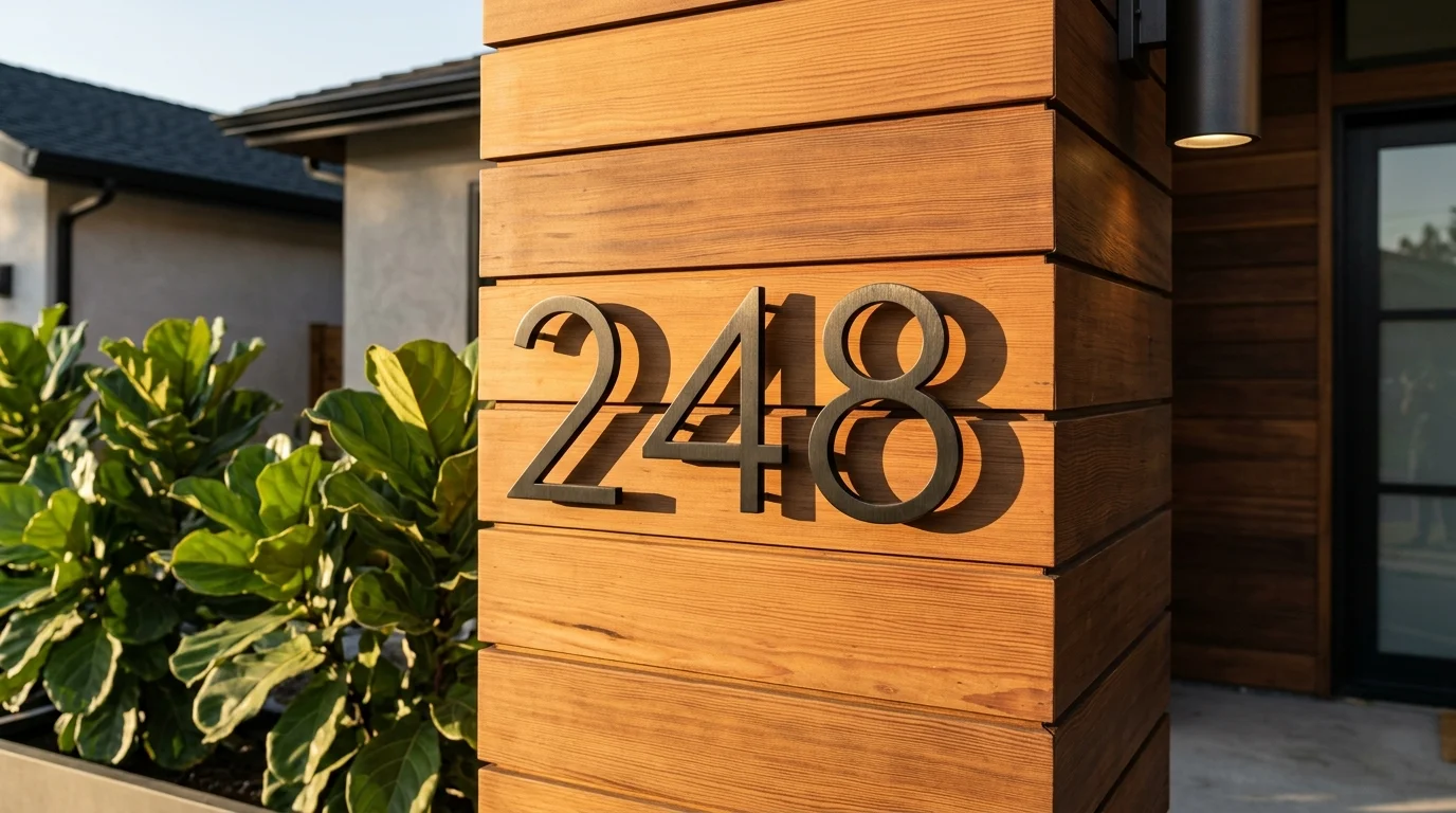 Black metal address numbers 248 mounted on a horizontal wood plank pillar outside a modern home.