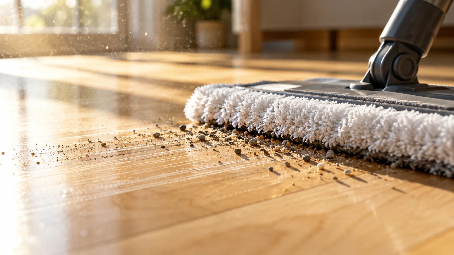 Close-up of a microfiber mop pushing sand and small gravel across a scratched hardwood floor in bright sunlight.
