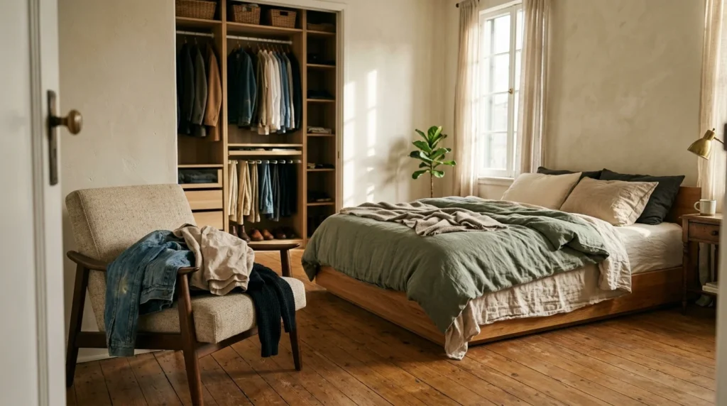 Sunlit bedroom featuring a made bed with green duvet, an armchair draped with clothes, and an open organized wardrobe.
