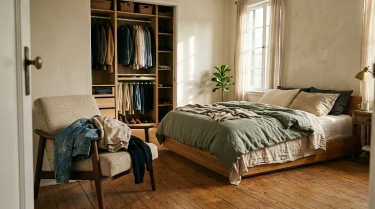 Sunlit bedroom featuring a made bed with green duvet, an armchair draped with clothes, and an open organized wardrobe.