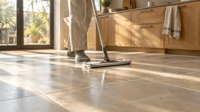 A person using a flat microfiber mop to clean a light beige ceramic tile kitchen floor in sunlight.
