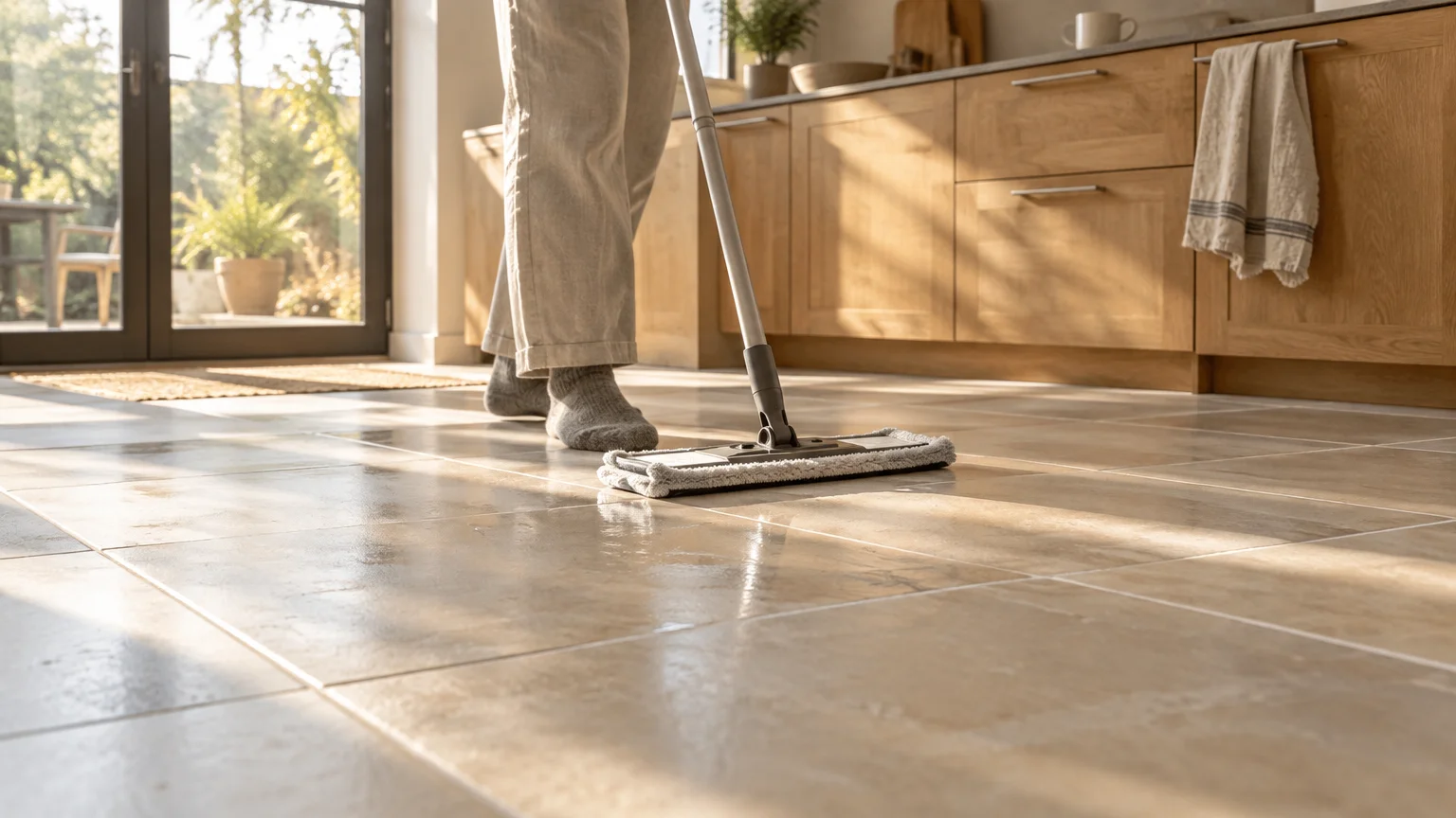 A person using a flat microfiber mop to clean a light beige ceramic tile kitchen floor in sunlight.