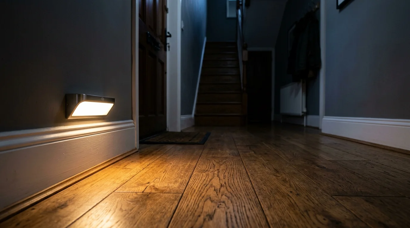 A small warm wall light fixture mounted just above white baseboards illuminates dark hardwood flooring in a hallway.