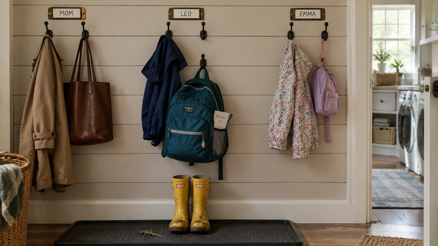 Entryway hooks with labeled nameplates above coats and backpacks, with yellow rain boots on a floor mat below.