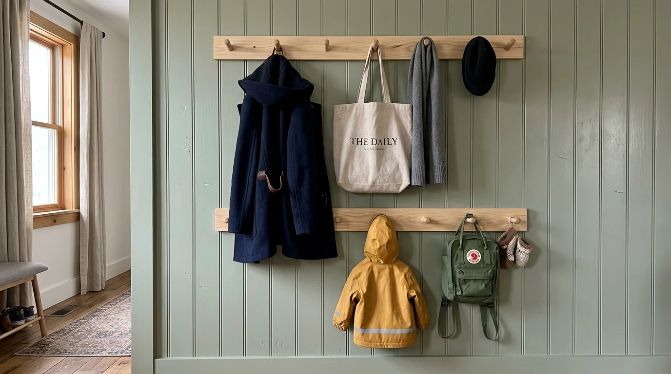 Two wooden peg rails mounted at different heights on a green paneled wall hold coats, bags, and mittens.