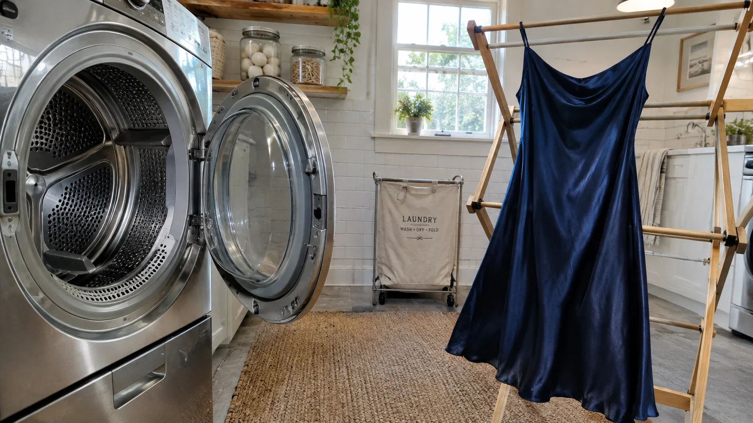A dark blue silk slip dress hangs on a wooden drying rack next to an open front-loading dryer in a laundry room.