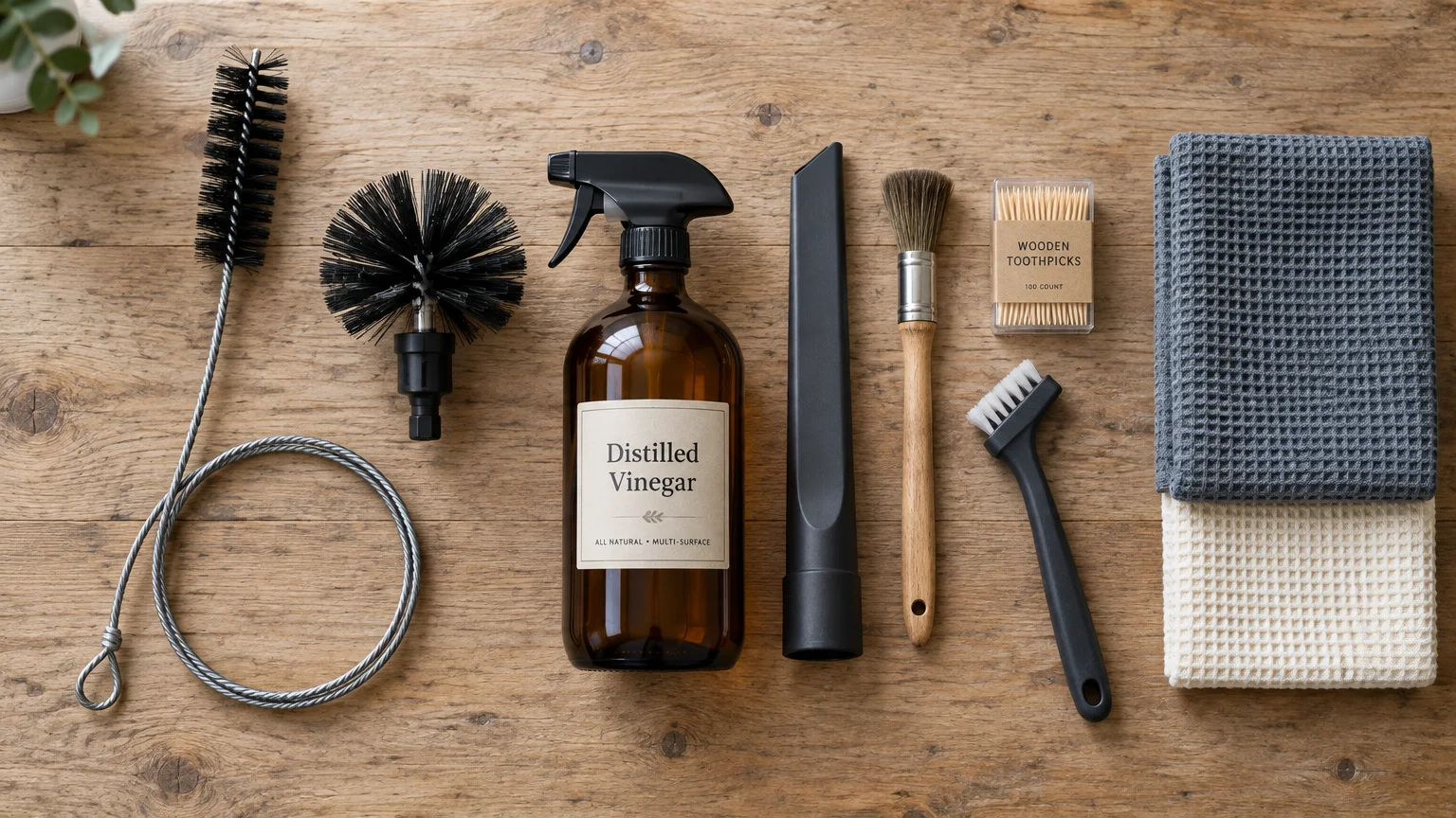 Cleaning supplies including brushes, a spray bottle of distilled vinegar, a vacuum nozzle, toothpicks, and waffle towels.
