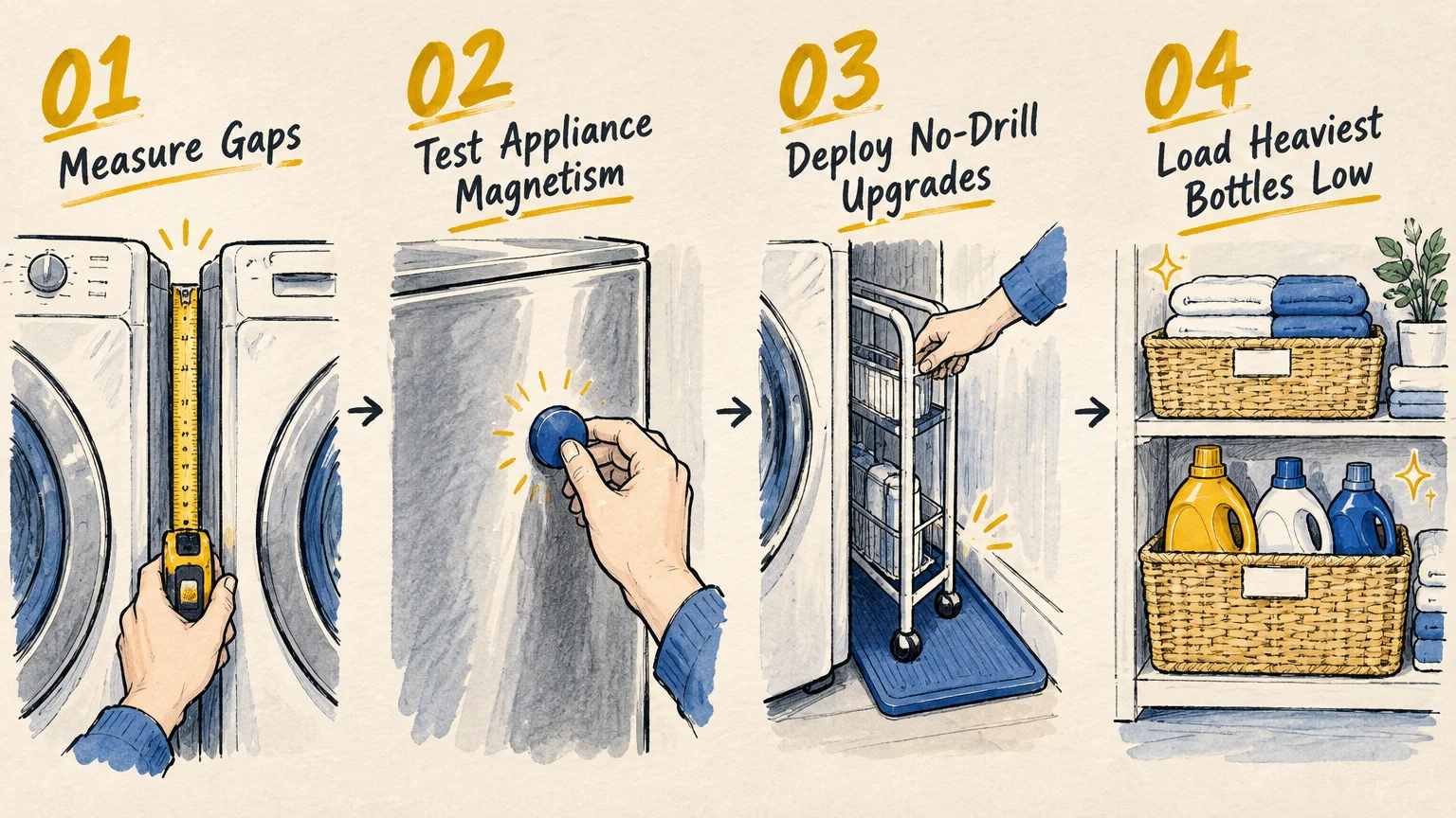 Four-step illustrated guide showing measuring appliance gaps, testing magnetism, rolling a cart, and stocking shelves.