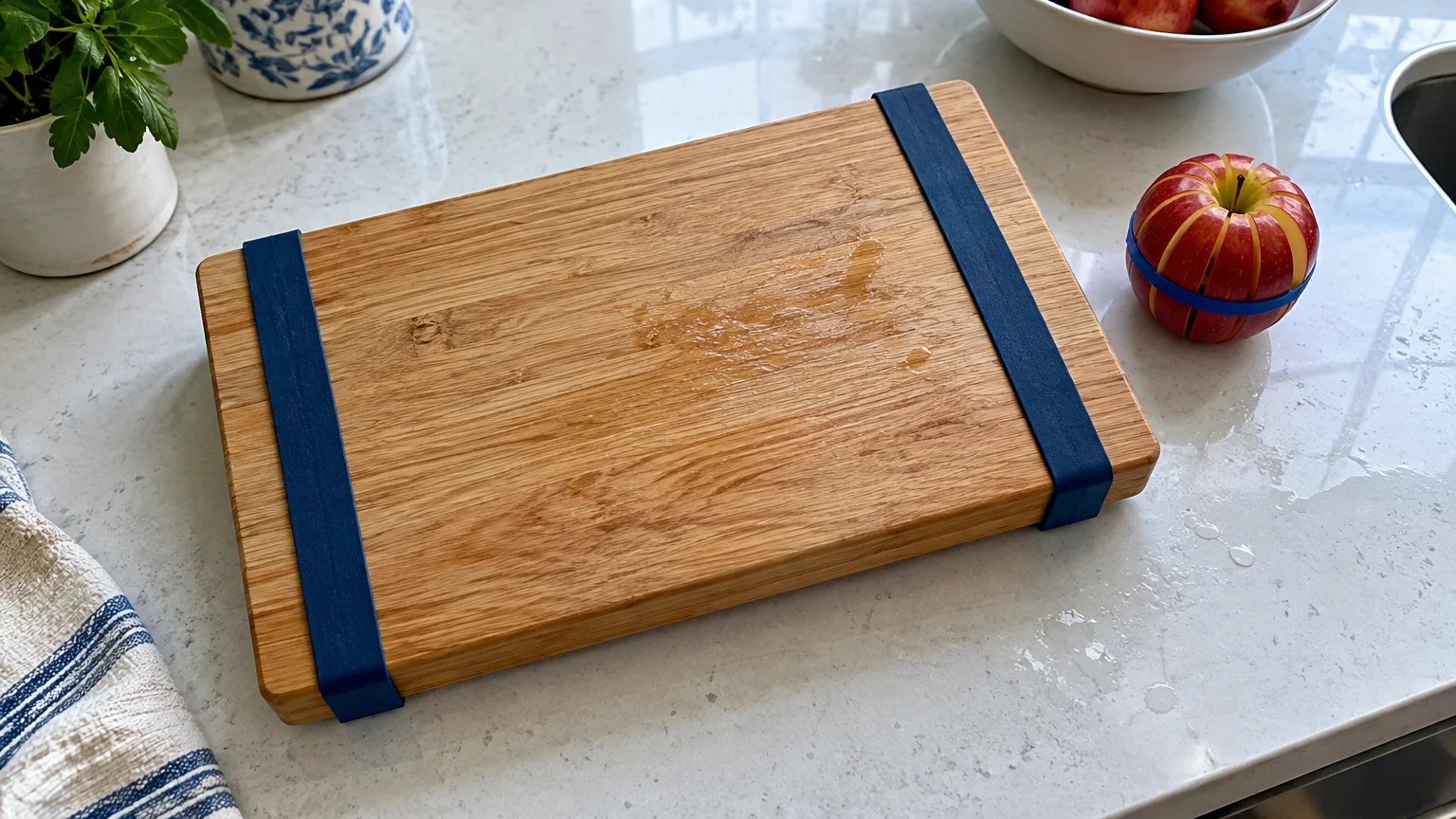 Wooden cutting board with thick blue rubber bands wrapped on each end beside a sliced apple held together by a band.