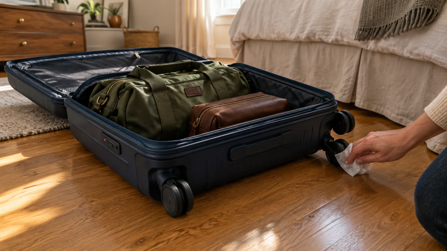 A person wipes the wheel of an open navy suitcase packed with a green duffel bag and a leather toiletry kit.