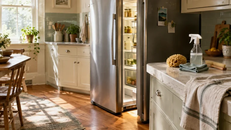 Open stainless steel refrigerator in a sunny kitchen with cleaning supplies resting on the marble counter.