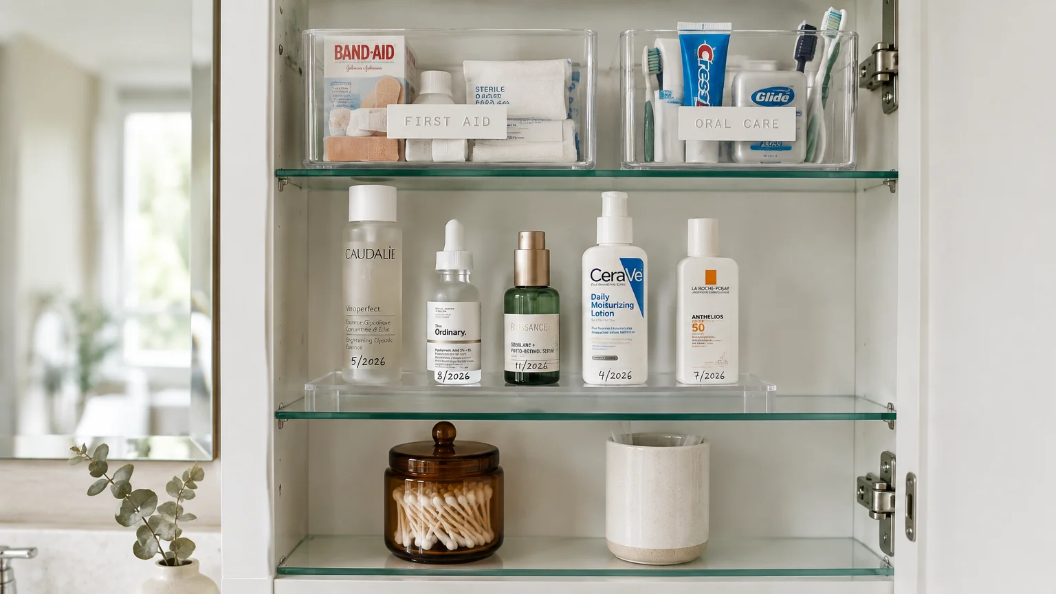 Organized medicine cabinet with clear bins labeled first aid and oral care, and skincare bottles marked with dates.