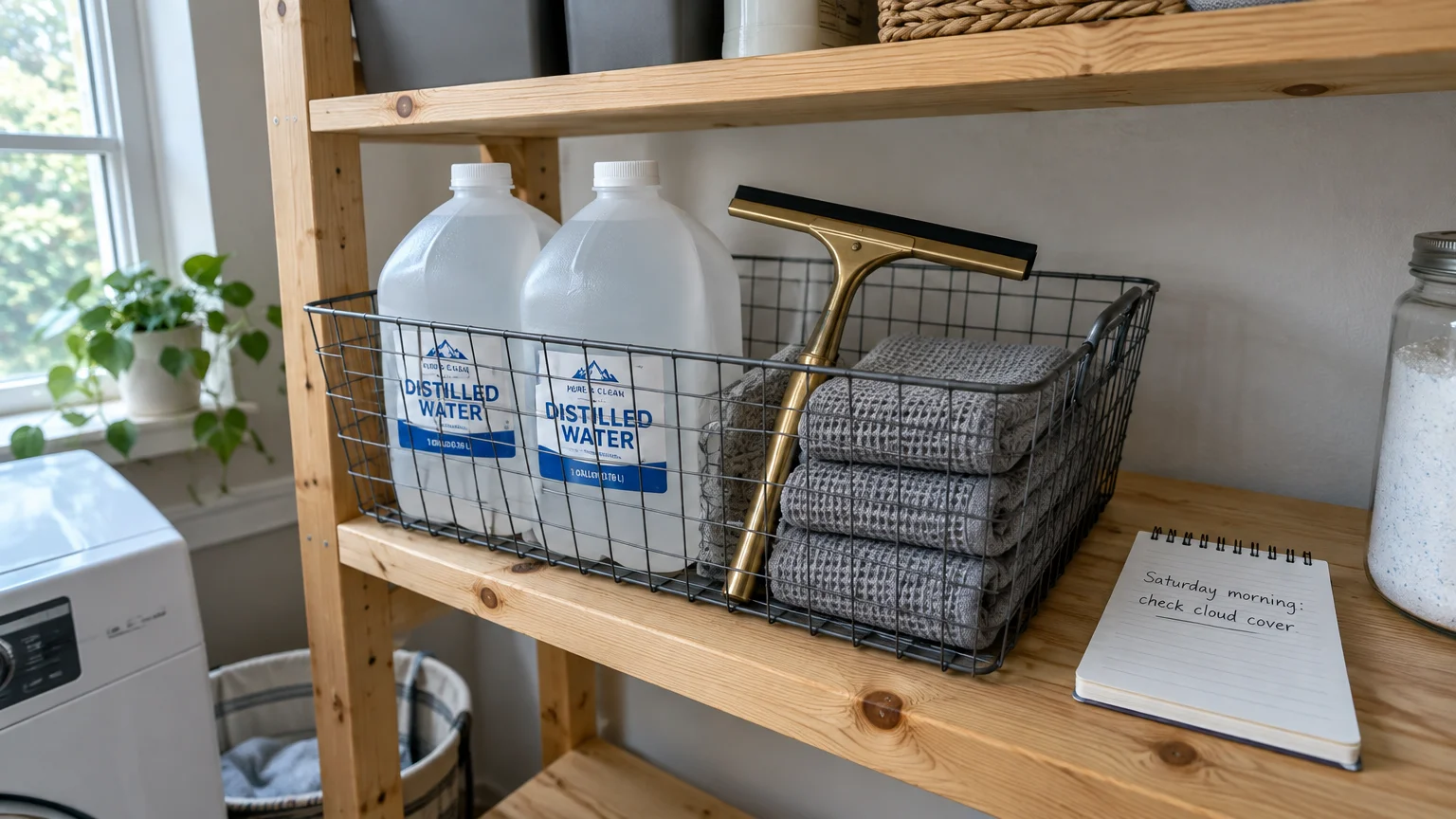 Wire basket on a wooden shelf with two jugs of distilled water, a squeegee, folded grey towels, and an open notepad.