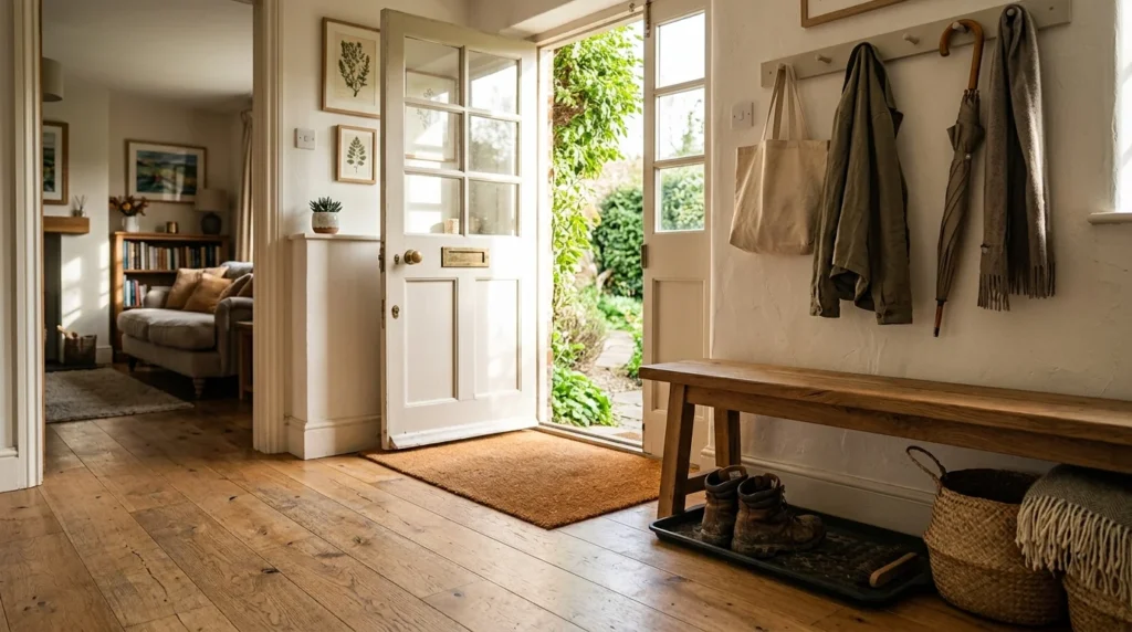 Open front door of a home revealing a wooden bench, boot tray with boots, wall coat rack, and doormat on wood floors.