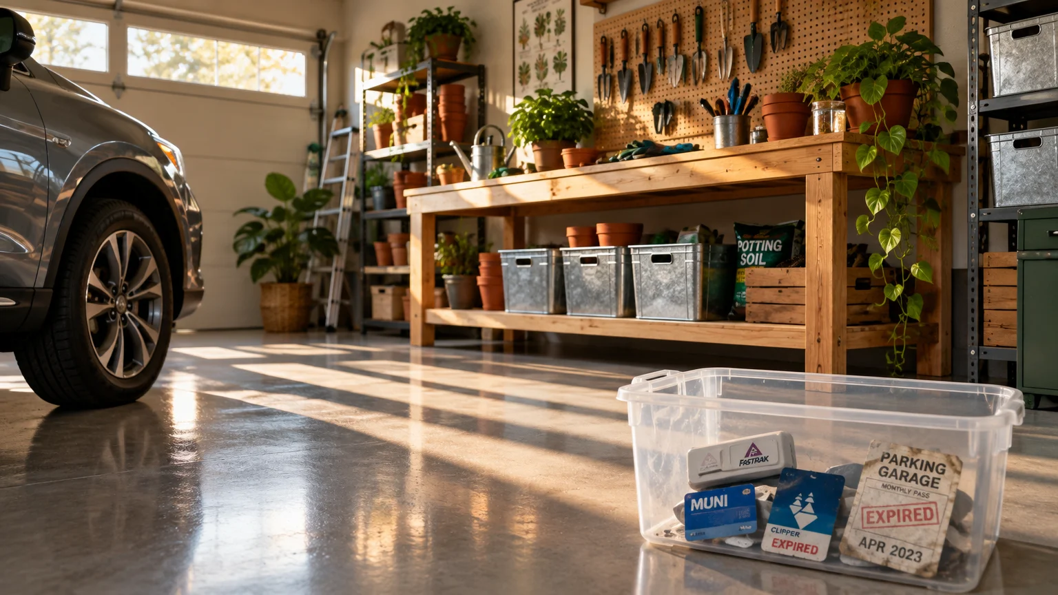 Car parked inside an organized garage workshop, with a plastic bin containing expired transit and parking passes.