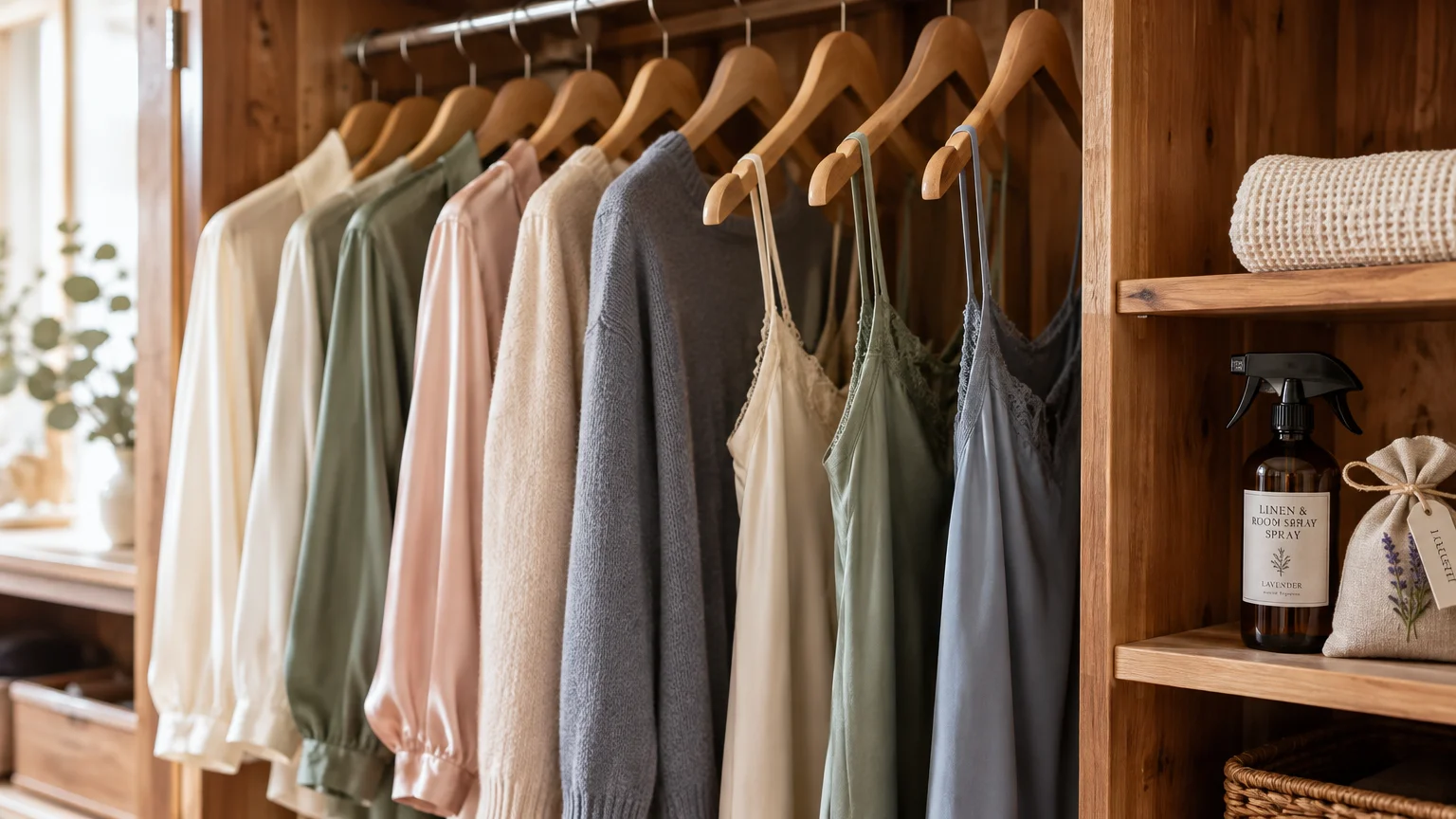 Delicate silk tops, knit sweaters, and lace camisoles hang in a wooden closet beside shelves with linen spray and sachets.