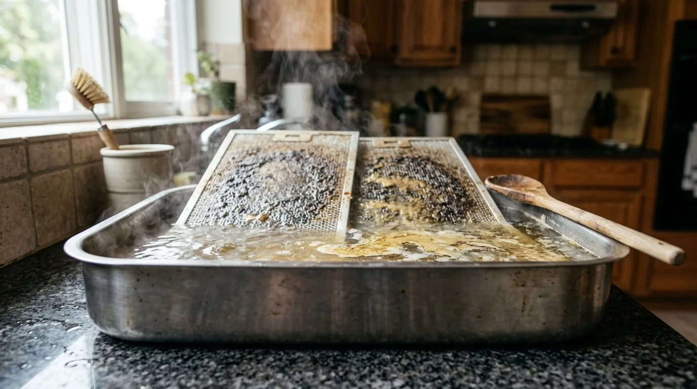 Two greasy metal range hood filters soak in a steaming pan of hot water on a kitchen counter.