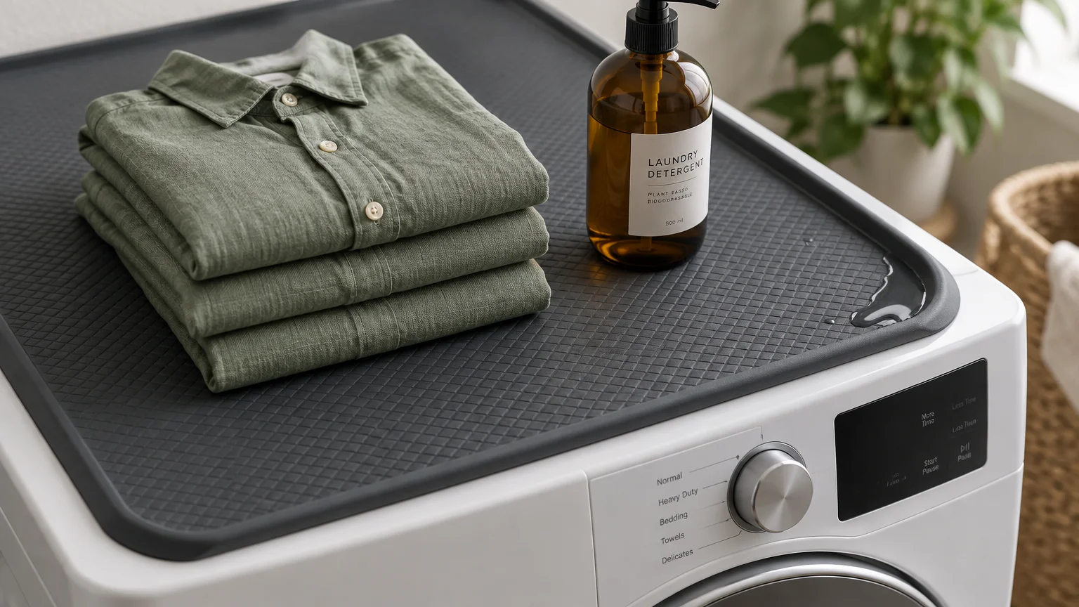 A dark gray textured silicone mat on a white washer holds folded shirts, a detergent bottle, and a contained spill.