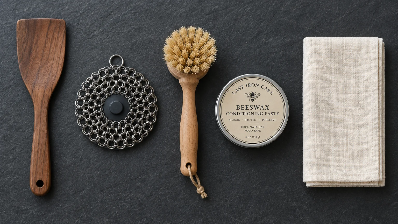 Wooden spatula, chainmail scrubber, round scrub brush, beeswax conditioning paste tin, and folded cloth on dark slate.