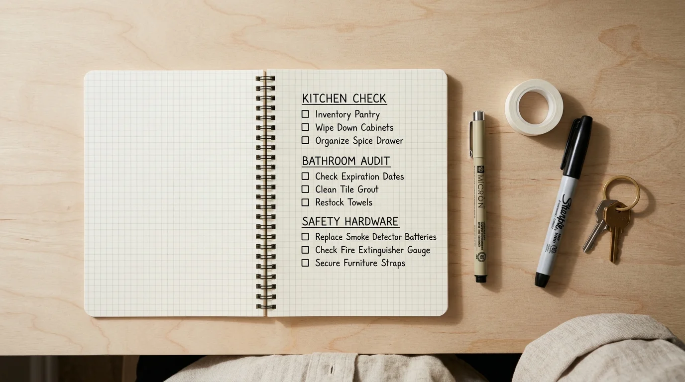 Open grid notebook with handwritten home checklist beside pens, tape, and keys on a wooden desk.