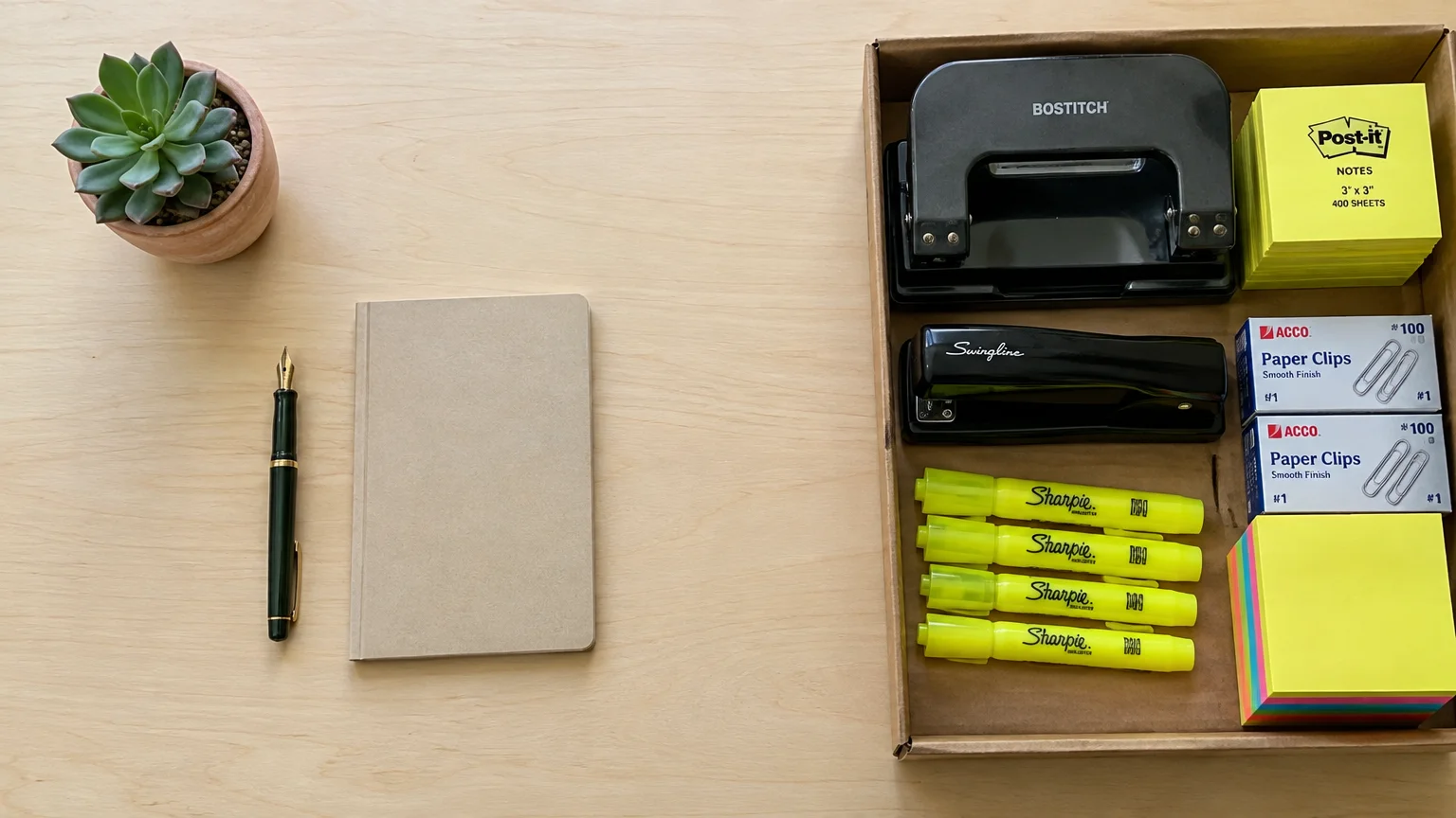 Wooden desk with a small potted succulent, pen, notebook, and a cardboard box packed with office supplies.