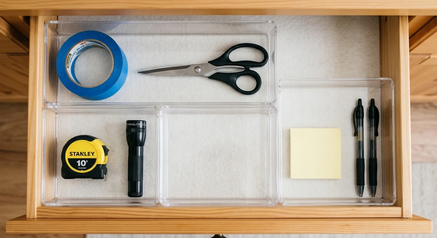 Organized wooden drawer with clear trays holding blue tape, scissors, a tape measure, flashlight, notepad, and pens.