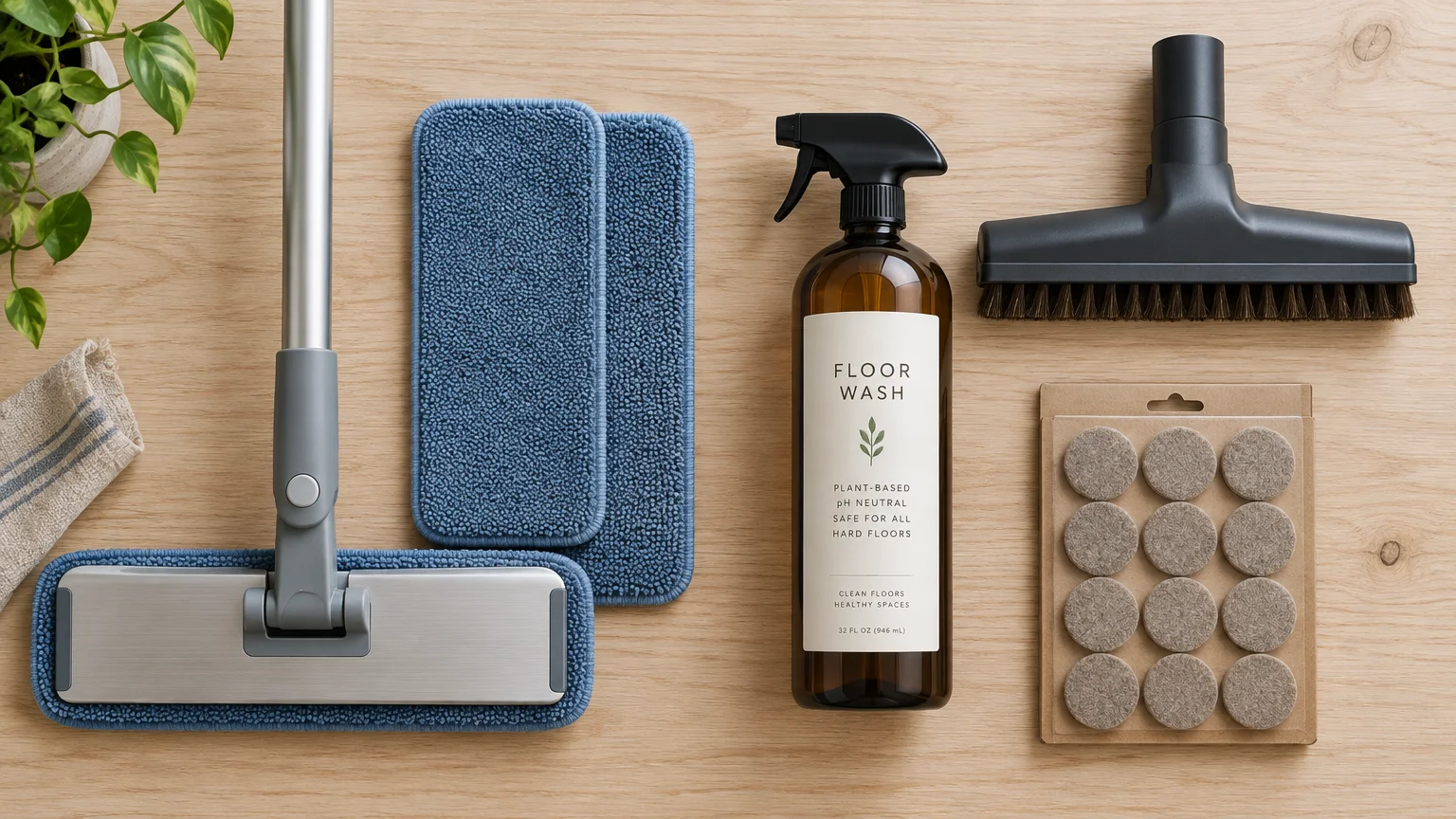 Flat lay of a flat mop, blue microfiber pads, amber spray bottle labeled floor wash, vacuum brush, and felt pads.
