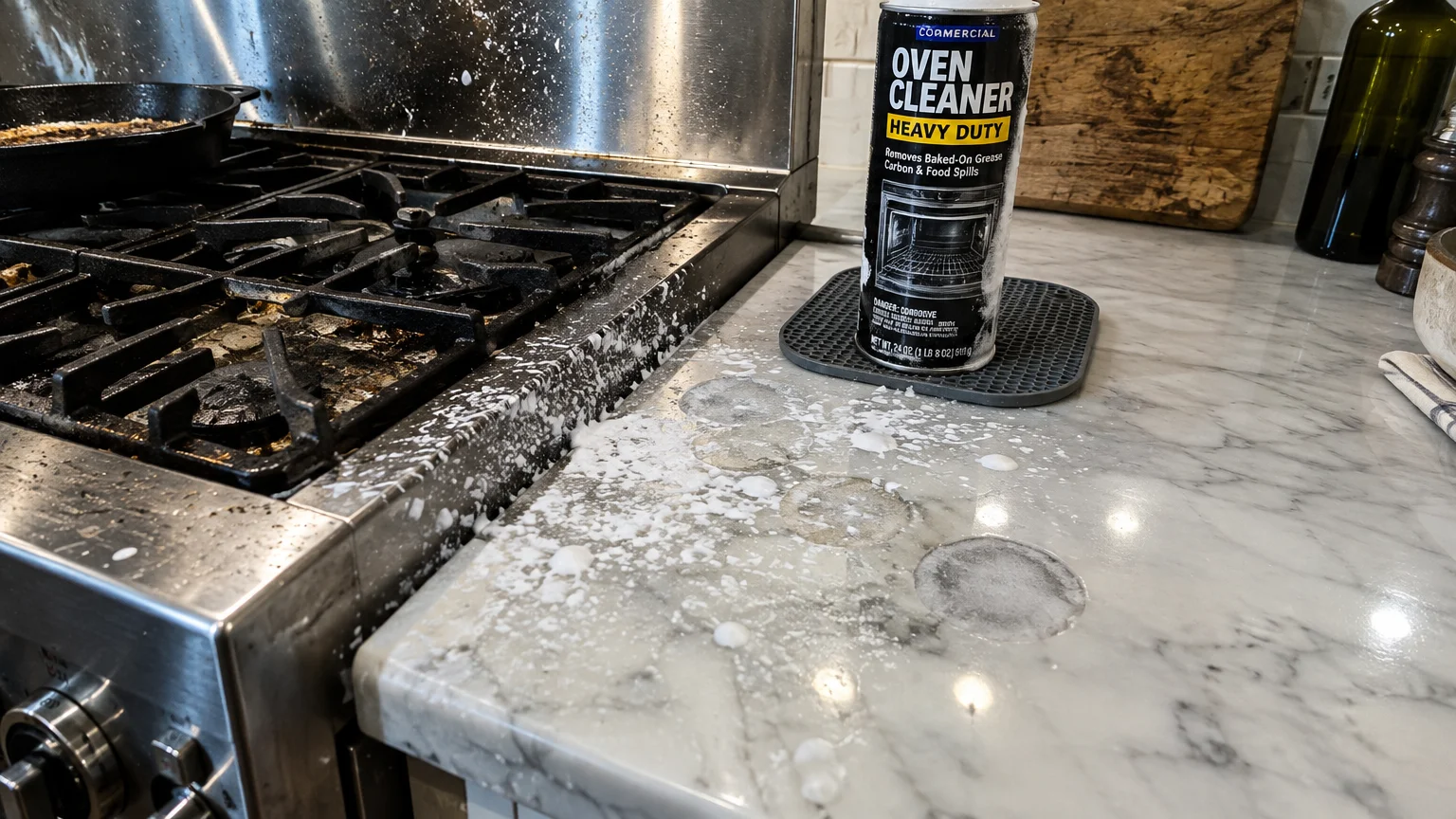 Can of heavy duty oven cleaner next to white foam splatter and circular marks on a marble kitchen countertop.