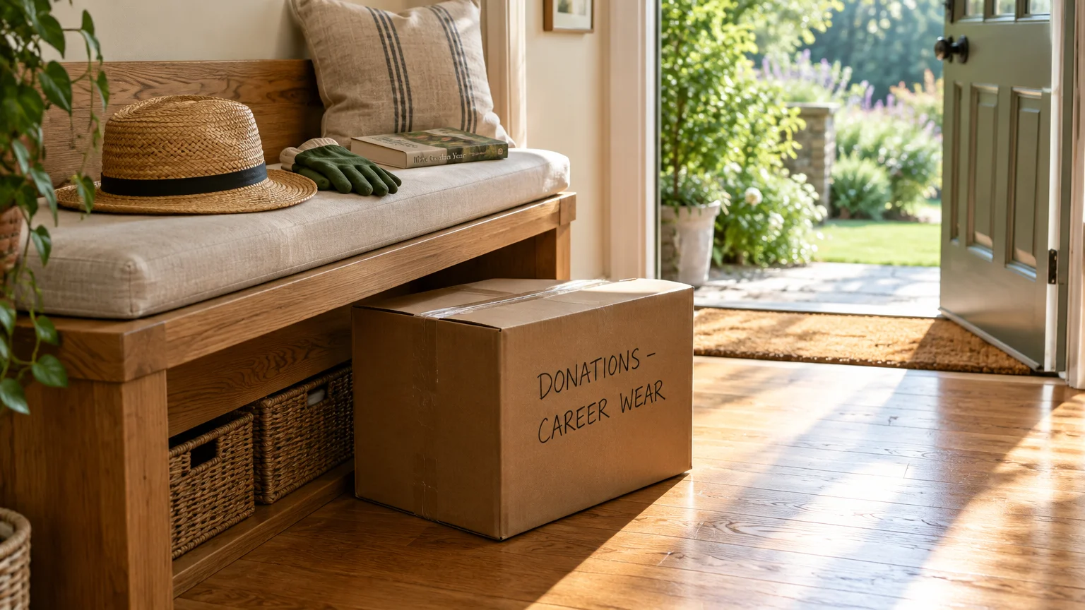 Cardboard box labeled Donations - Career Wear on a wooden entryway floor beside a bench near an open door.