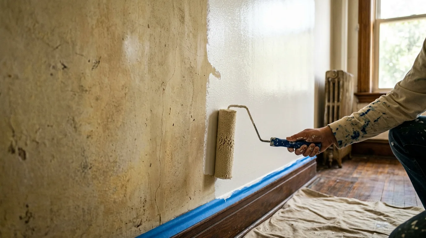 A person using a paint roller to apply off-white paint over an aged, cracked plaster wall above dark wood trim.