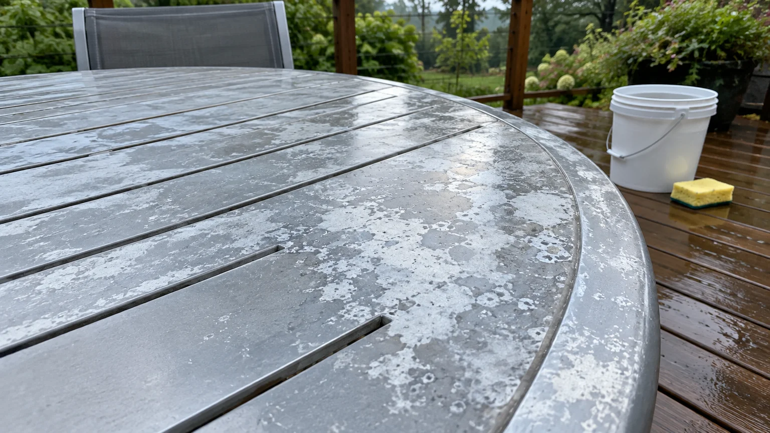 Close-up of a damaged outdoor metal slat tabletop showing mottled white surface pitting beside a bucket and sponge on a deck.
