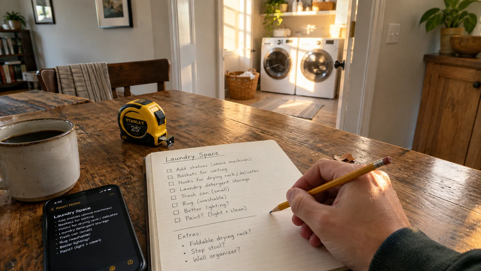 A hand writing a laundry checklist in a notebook beside a yellow tape measure, coffee mug, and smartphone.