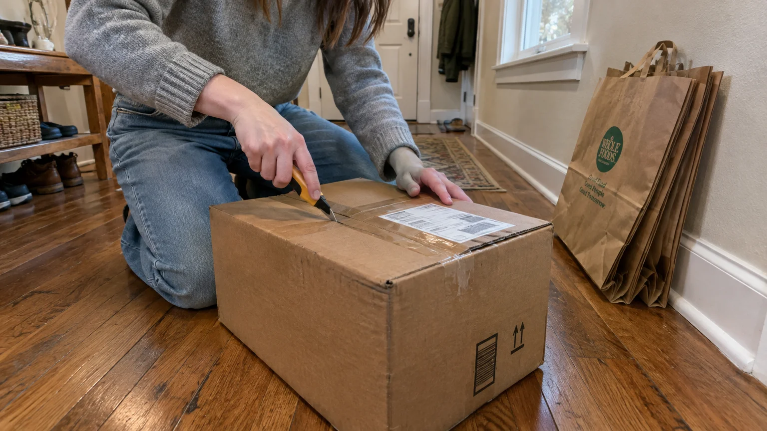 Person kneeling on a hardwood floor using a utility knife to open a taped cardboard delivery box near brown paper bags.