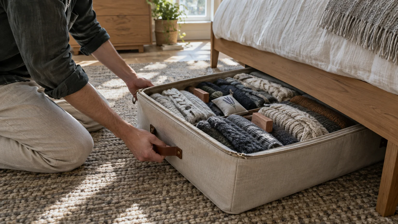 A person sliding a fabric storage bin filled with folded knit sweaters and cedar blocks under a wooden bed frame.